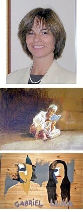 Diane Homo ('73) and two of her recent paintings ('Gabriel et Luna' & 'Le Lecteur')