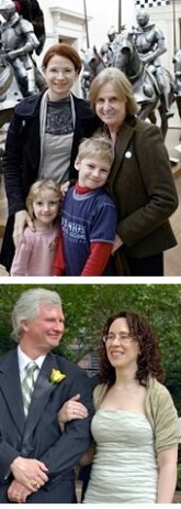 TOP: Hillary Ray ('80) with children Sean & Ella and her mother Marlys; BOTTOM: Susan Schwenger ('80) and husband Walter Szymans