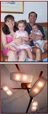 TOP: Shawn Fields ('88) and family; BOTTOM: Abstract ceiling fixtures by Stephane Pagani ('88)  at the Clodagh showroom