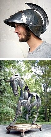 TOP: Adrian Landon wearing his metal helmet-sculpture; BOTTOM: Adrian's latest sculpture: 'life-size horse'