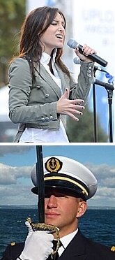 TOP: Tora Fisher ('07) sings at the Citi Military Appreciation Day event to honor U.S. veterans and current service members  in Bryant Park (NYC) on November 11, 2011; BOTTOM: Guillaume Lavin ('07)