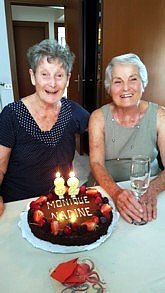 Twin sisters Monique (Harpignies) Tagliaferri and Nadine Harpignies at their 82nd birthday party